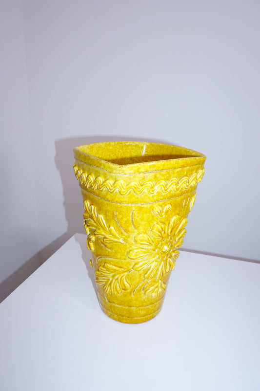 [1960s, Italy] Yellow Stoneware Vase with Embossed Flower Design